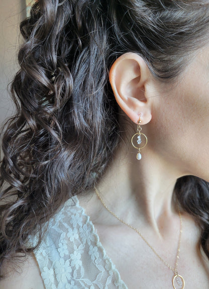 Dainty Pearl and Herkimer Diamond Earrings