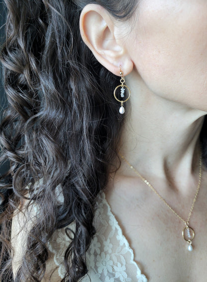 Dainty Pearl and Herkimer Diamond Earrings