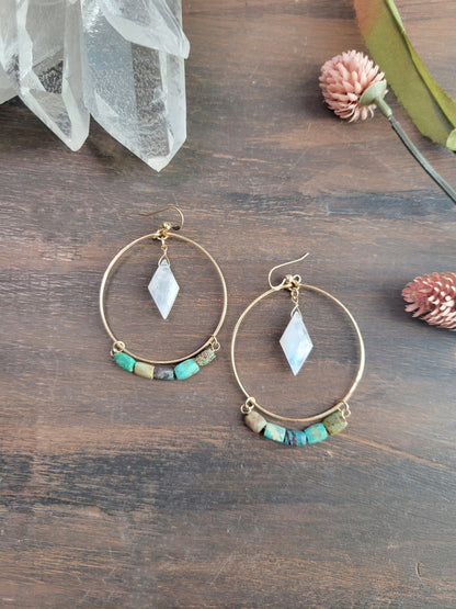Turquoise and Moonstone Hoop Earrings