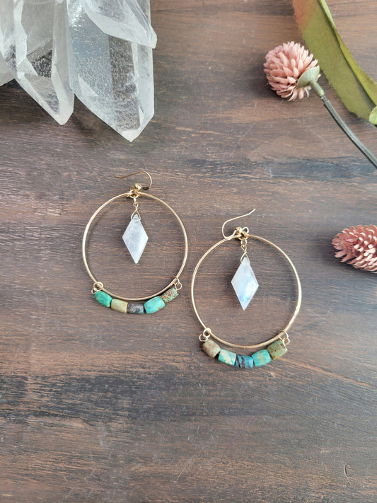 Turquoise and Moonstone Hoop Earrings