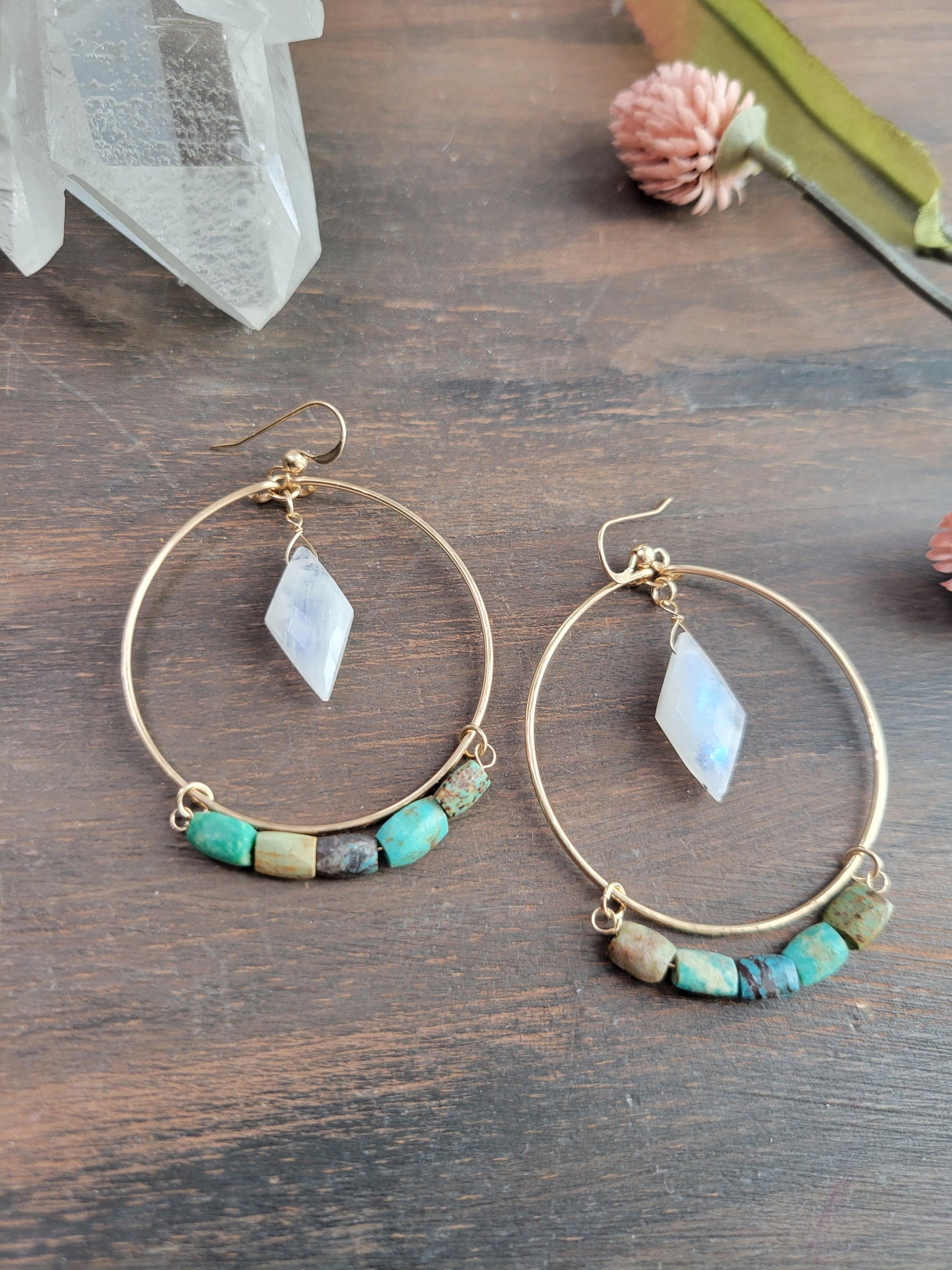 Turquoise and Moonstone Hoop Earrings