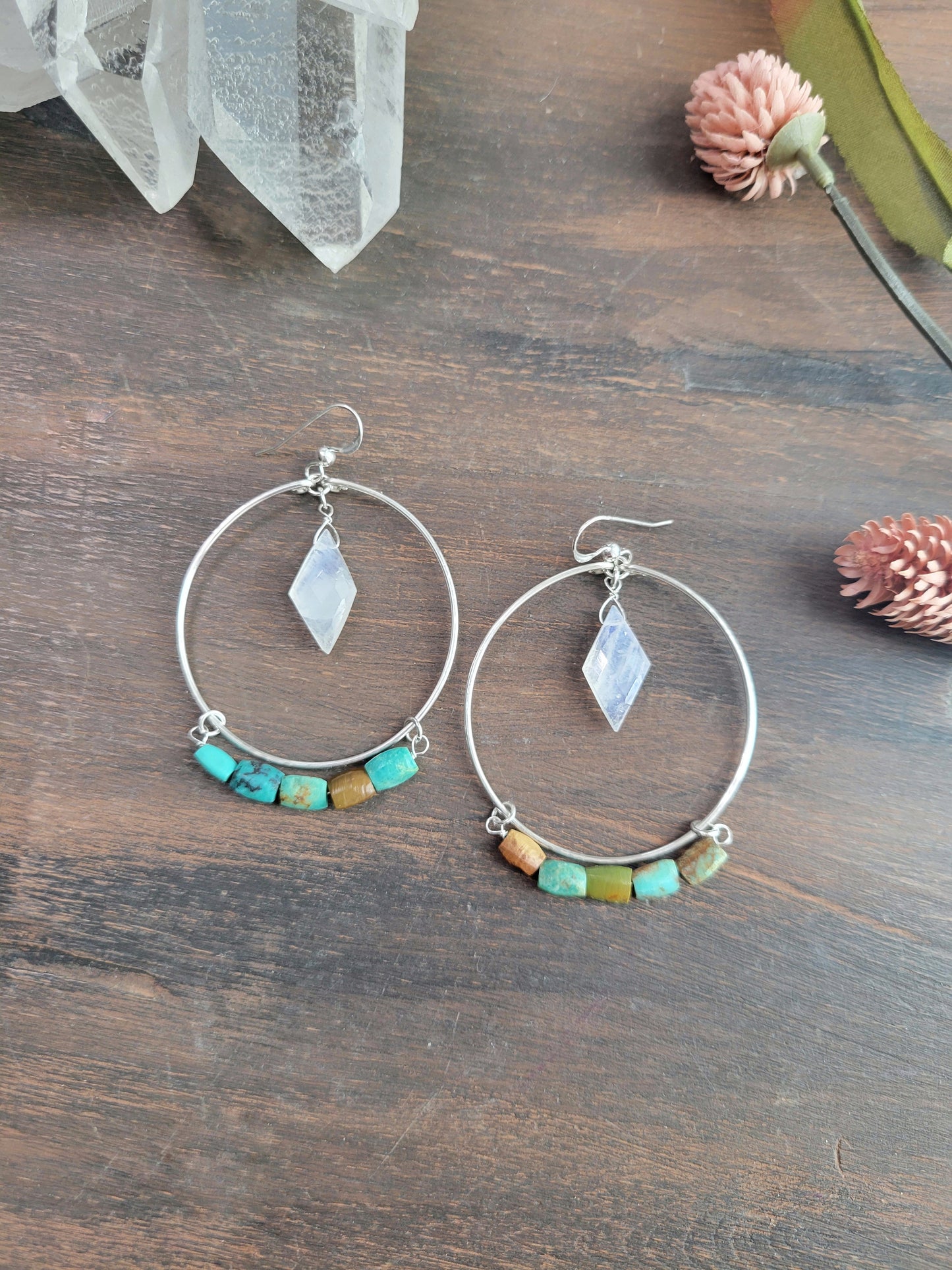 Turquoise and Moonstone Hoop Earrings