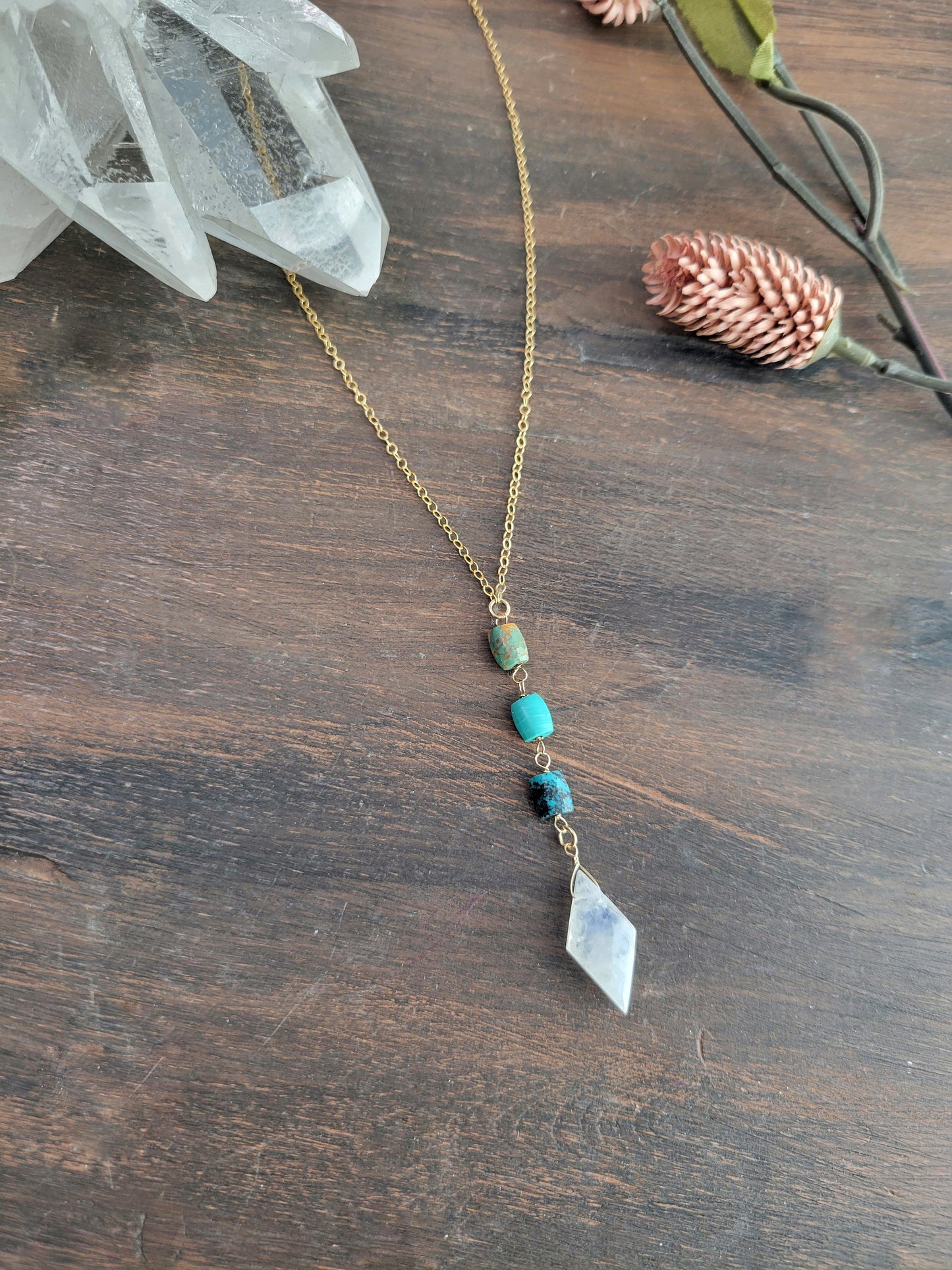Turquoise and Moonstone Y Necklace