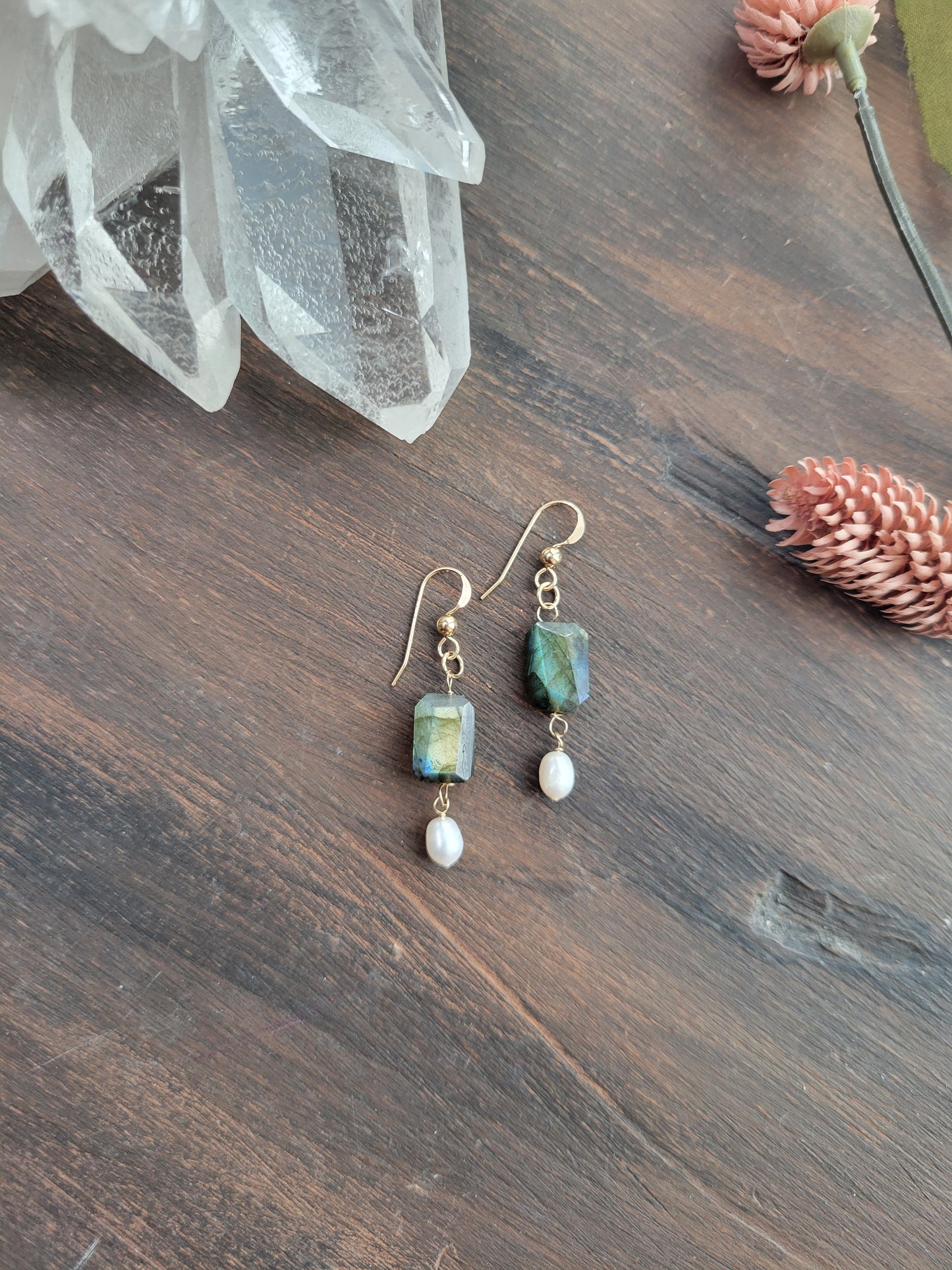 Labradorite and Pearl Dangle Earrings