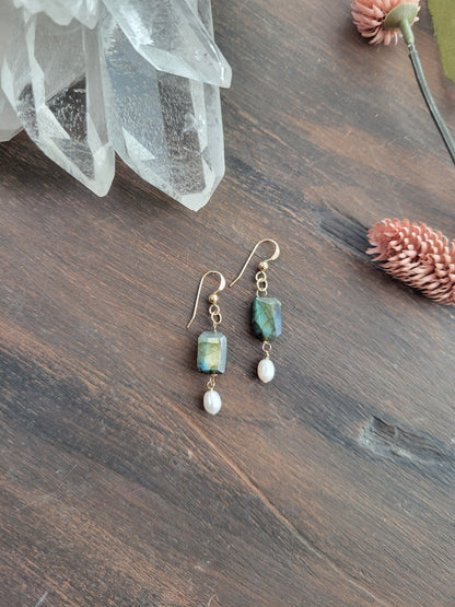 Labradorite and Pearl Dangle Earrings