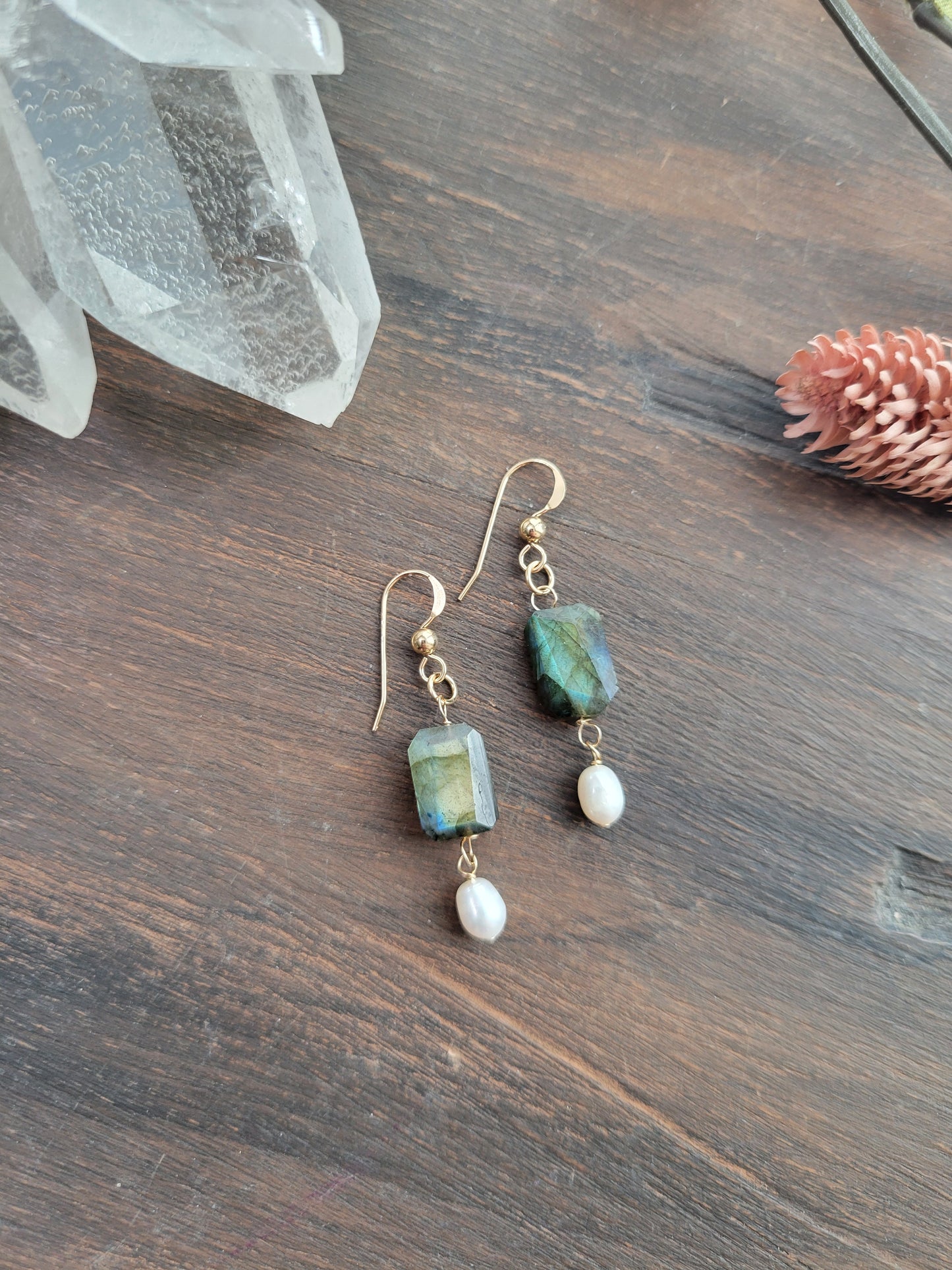 Labradorite and Pearl Dangle Earrings