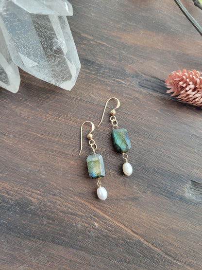 Labradorite and Pearl Dangle Earrings