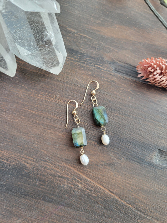 Labradorite and Pearl Dangle Earrings