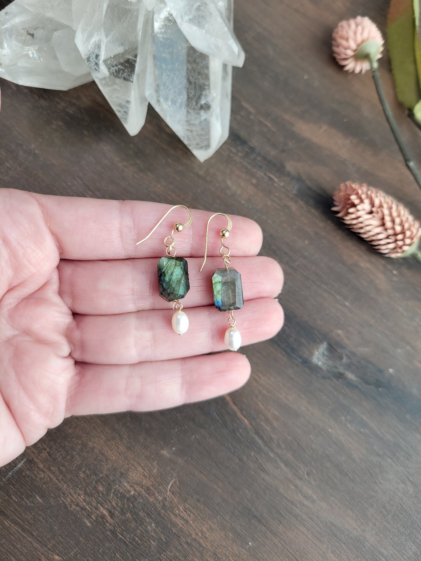 Labradorite and Pearl Dangle Earrings
