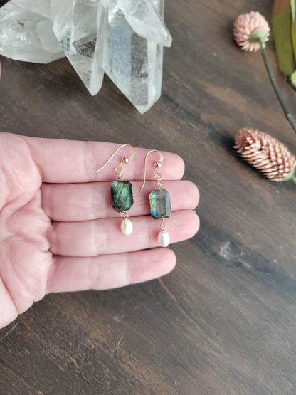 Labradorite and Pearl Dangle Earrings