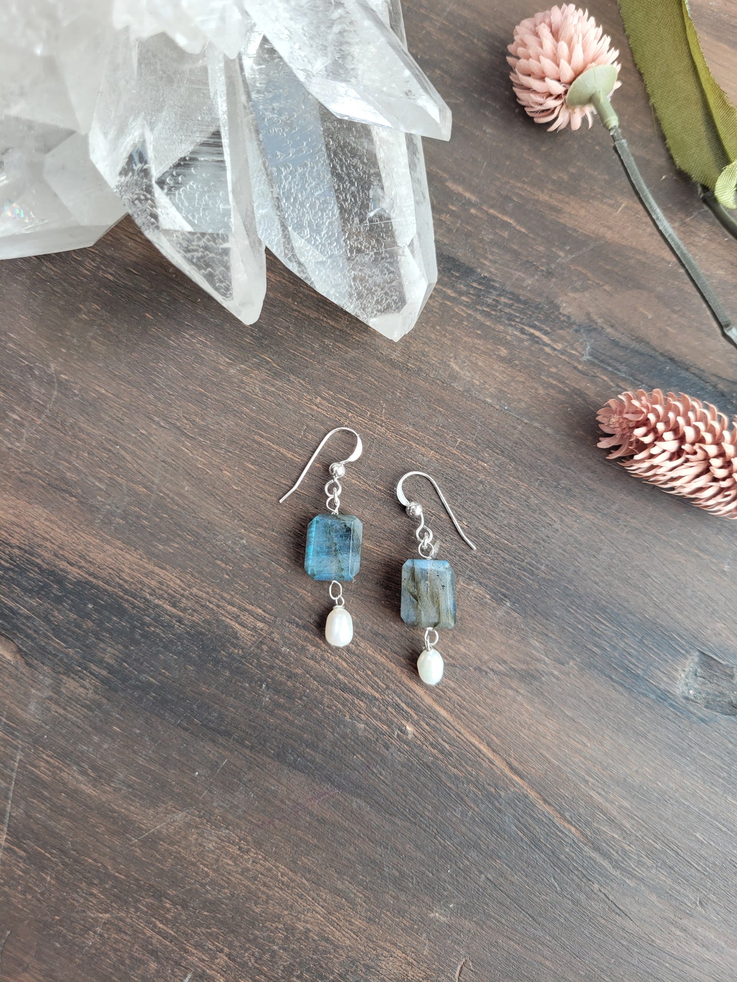 Labradorite and Pearl Dangle Earrings