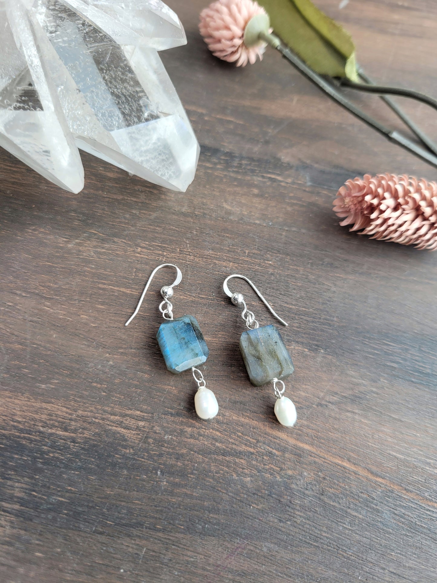Labradorite and Pearl Dangle Earrings