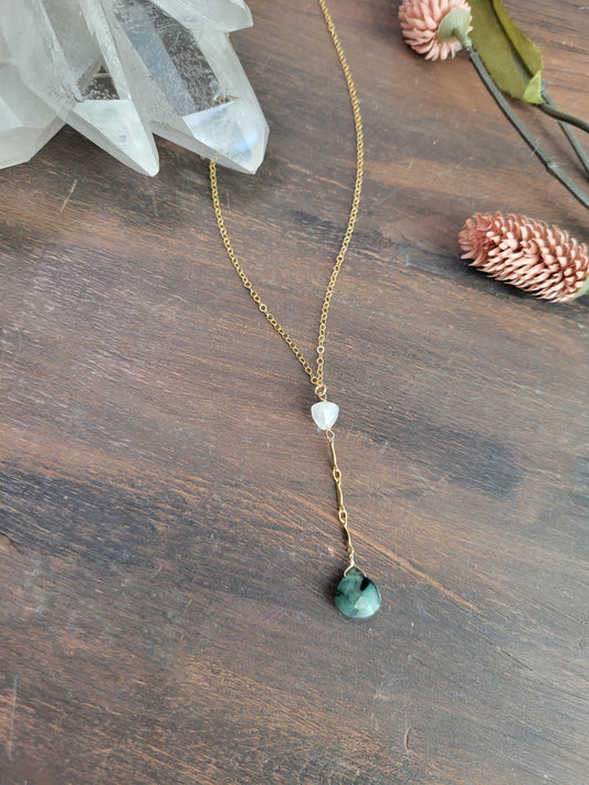 Emerald and Moonstone Y Necklace