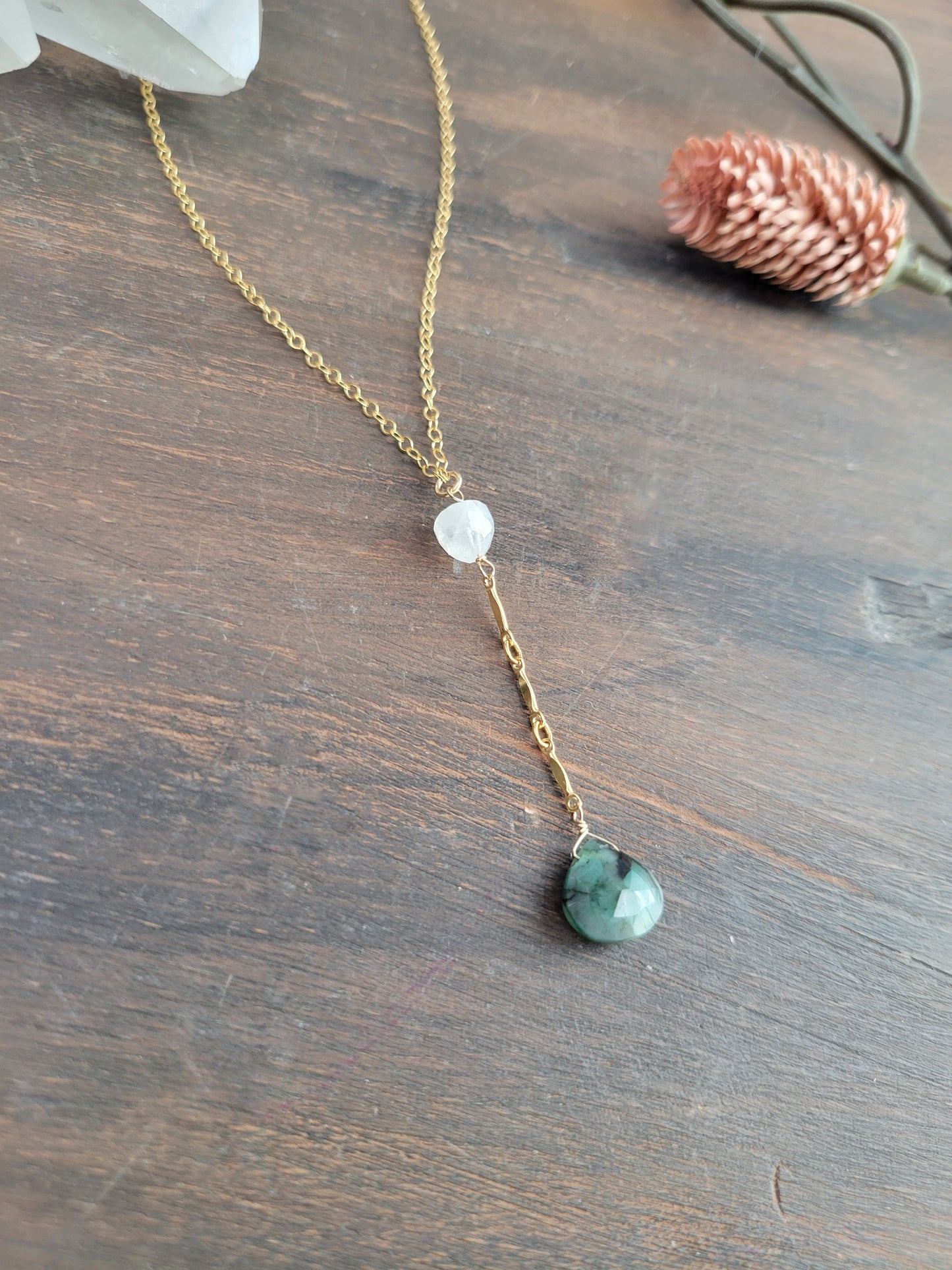 Emerald and Moonstone Y Necklace