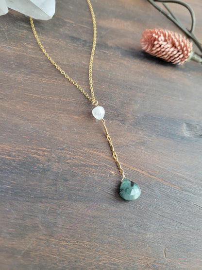 Emerald and Moonstone Y Necklace