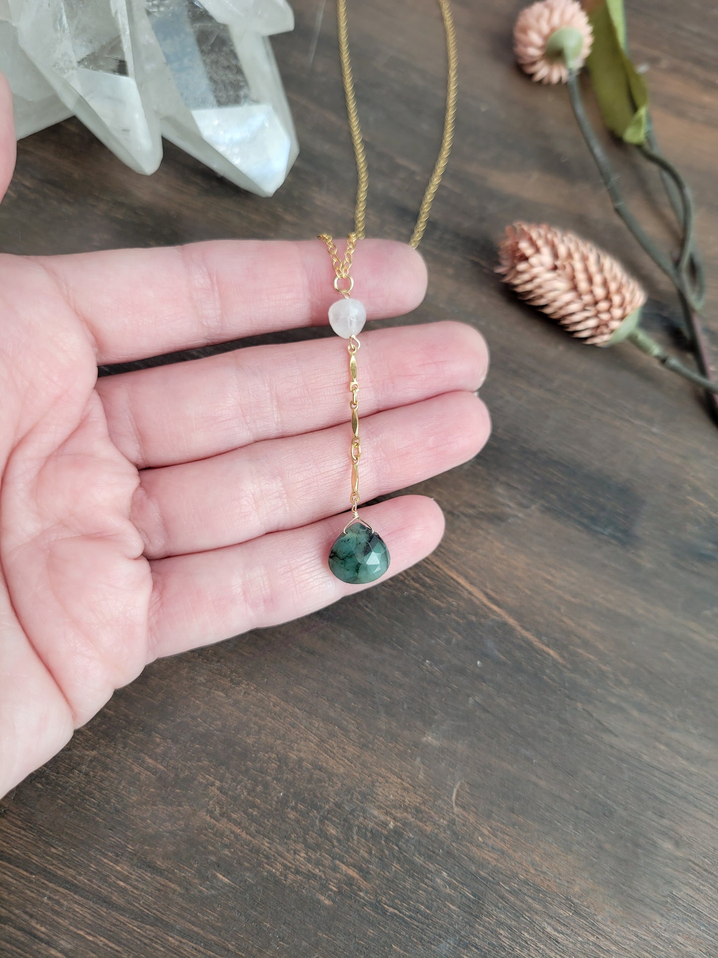 Emerald and Moonstone Y Necklace
