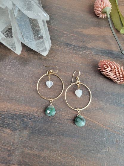 Emerald and Moonstone Hoop Earrings