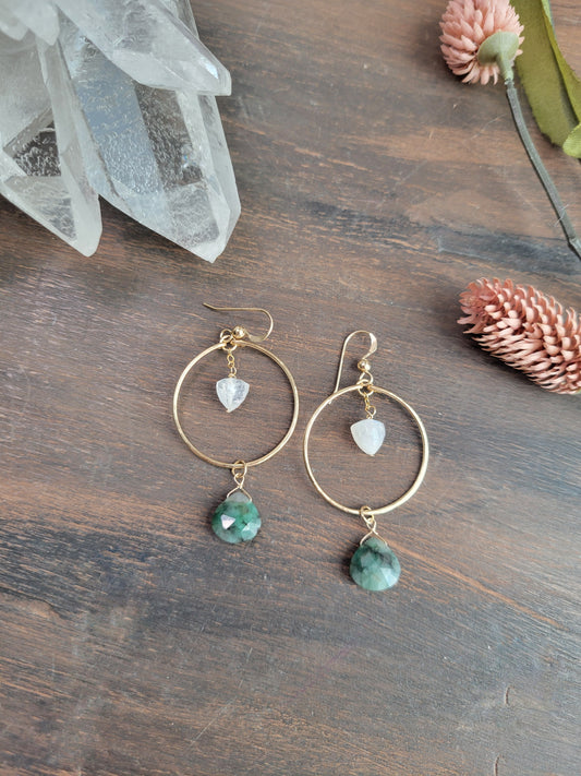 Emerald and Moonstone Hoop Earrings