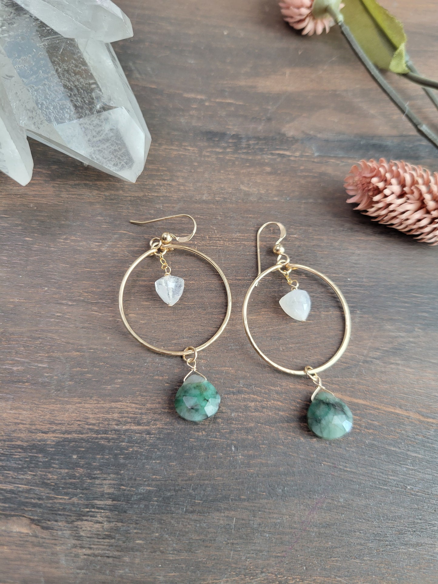 Emerald and Moonstone Hoop Earrings