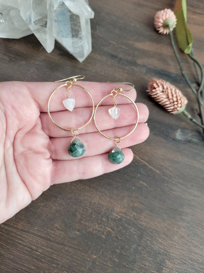 Emerald and Moonstone Hoop Earrings