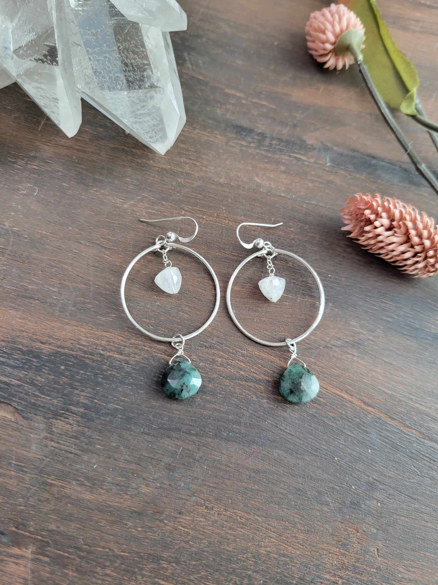 Emerald and Moonstone Hoop Earrings