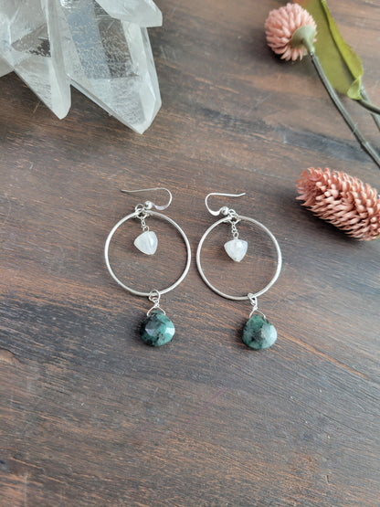 Emerald and Moonstone Hoop Earrings