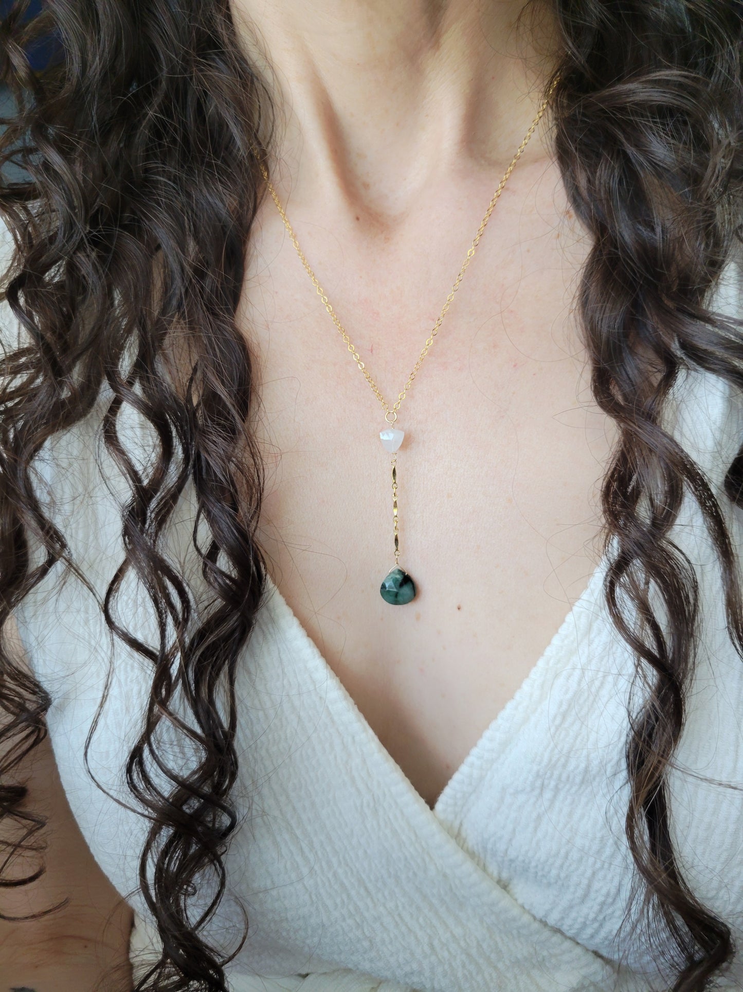 Emerald and Moonstone Y Necklace