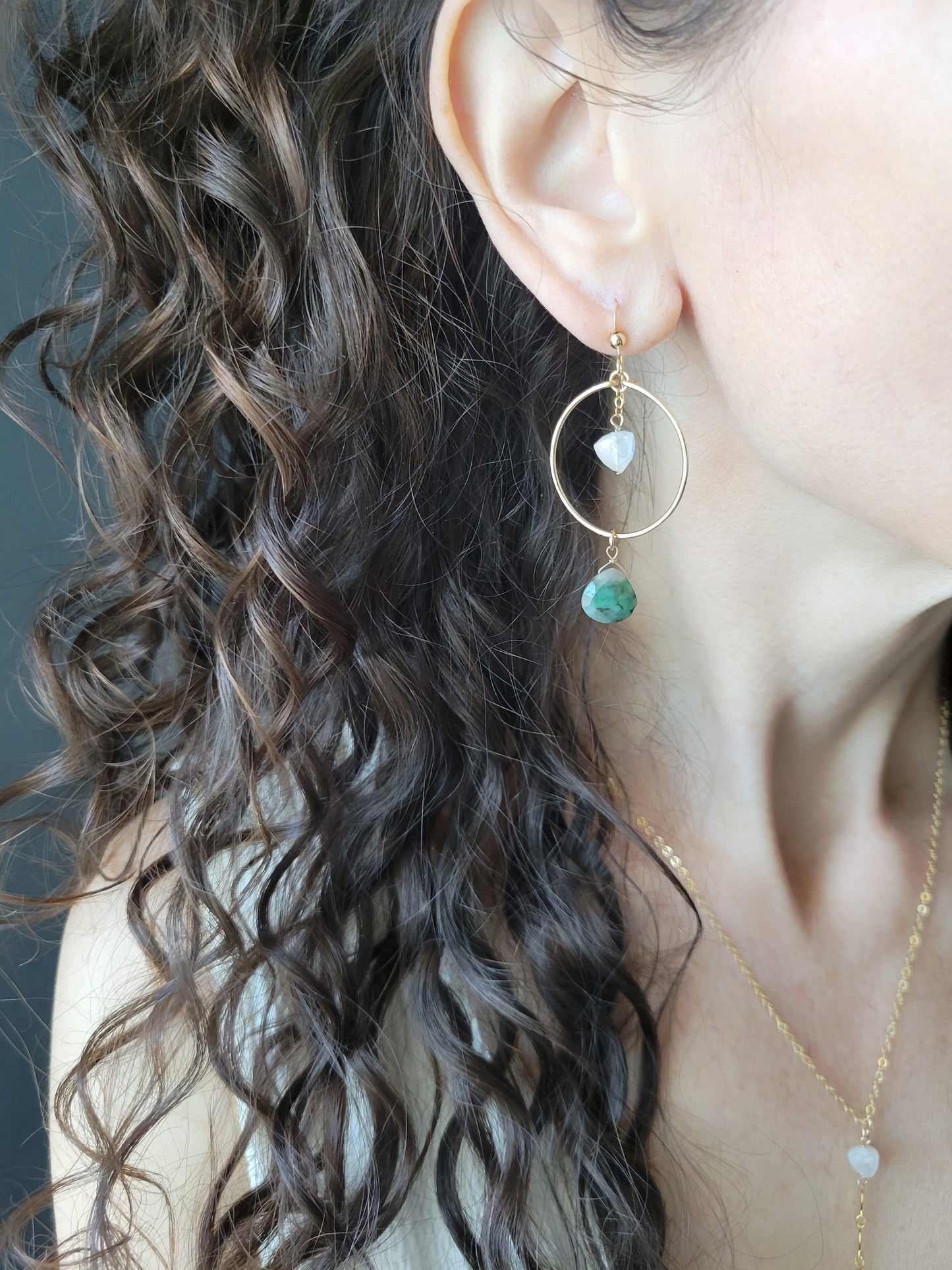 Emerald and Moonstone Hoop Earrings