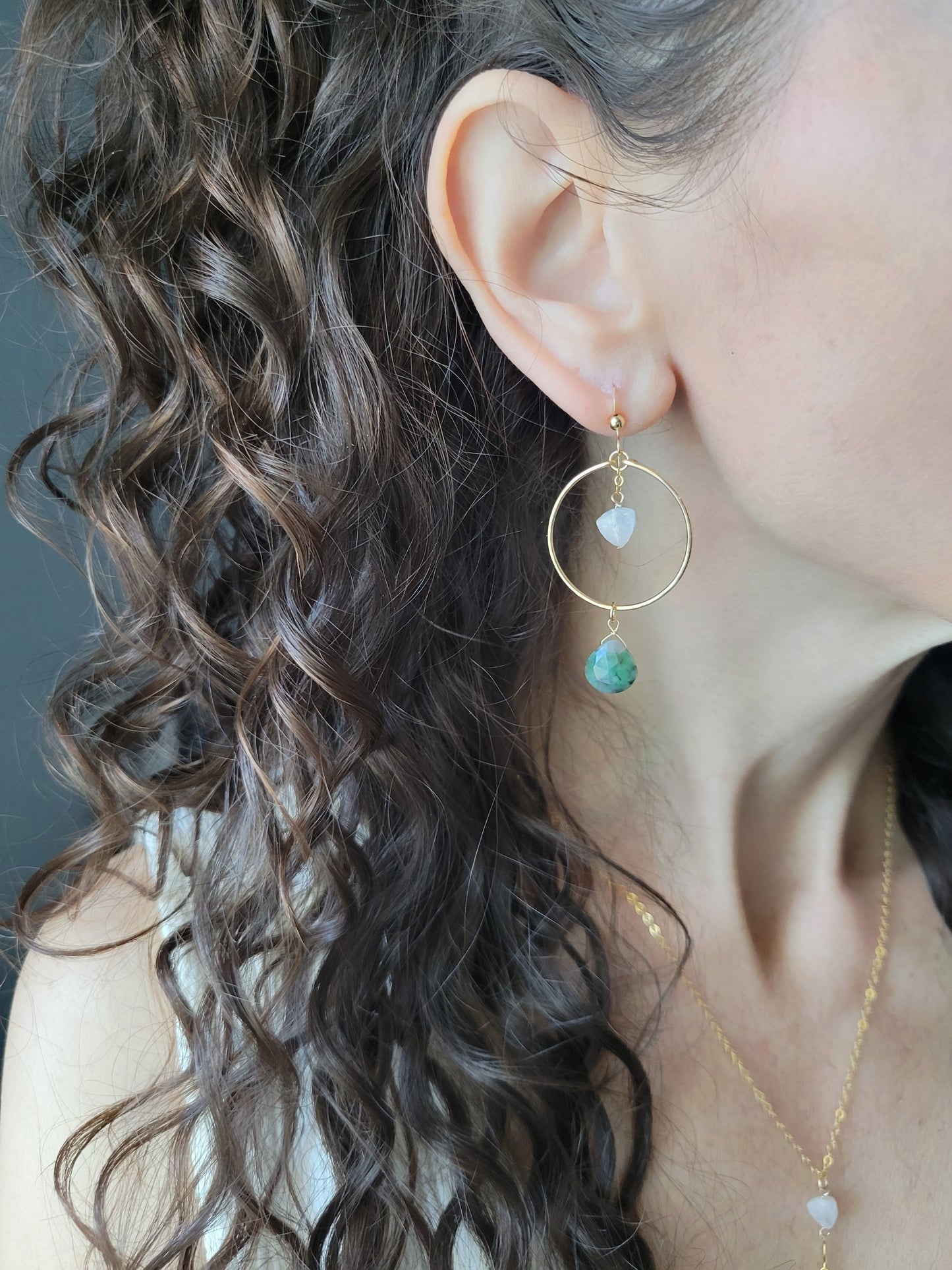 Emerald and Moonstone Hoop Earrings