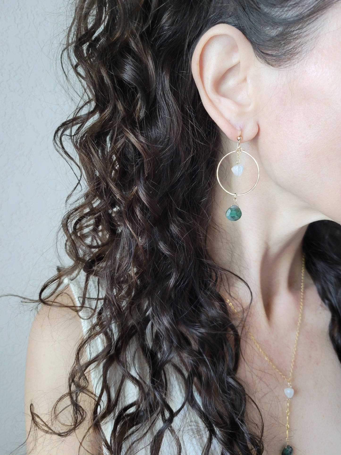 Emerald and Moonstone Hoop Earrings