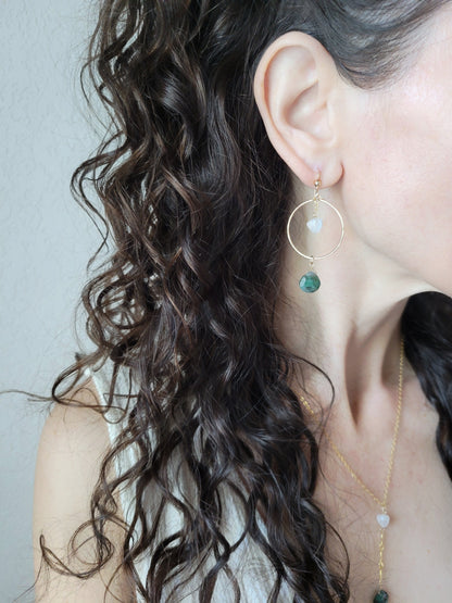 Emerald and Moonstone Hoop Earrings