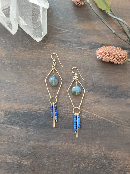 Dainty Labradorite and Lapis Fringe Earrings