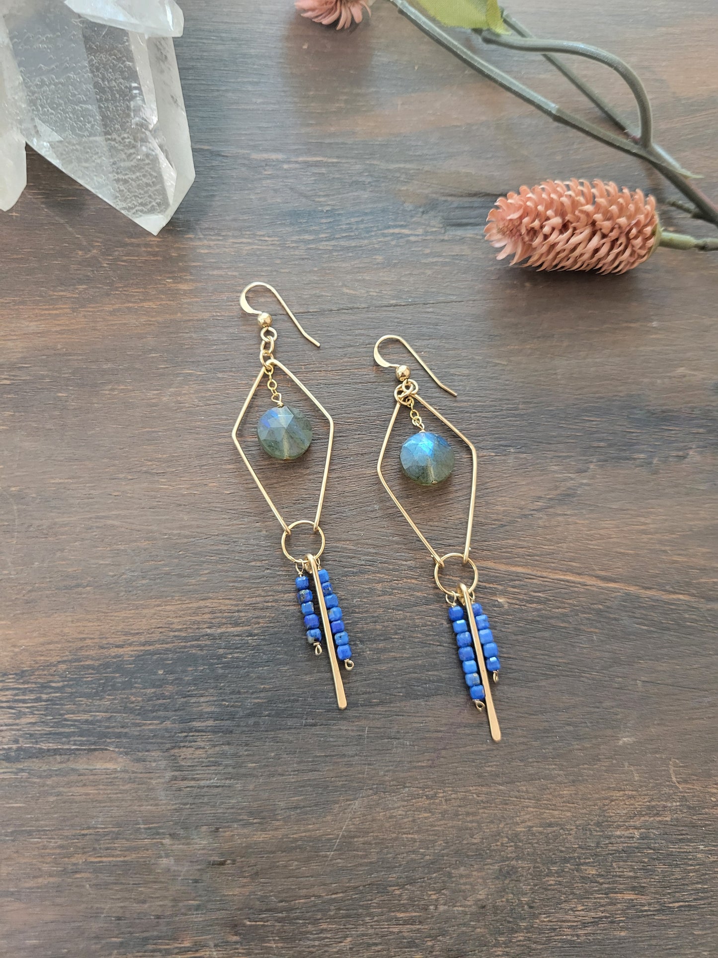 Dainty Labradorite and Lapis Fringe Earrings