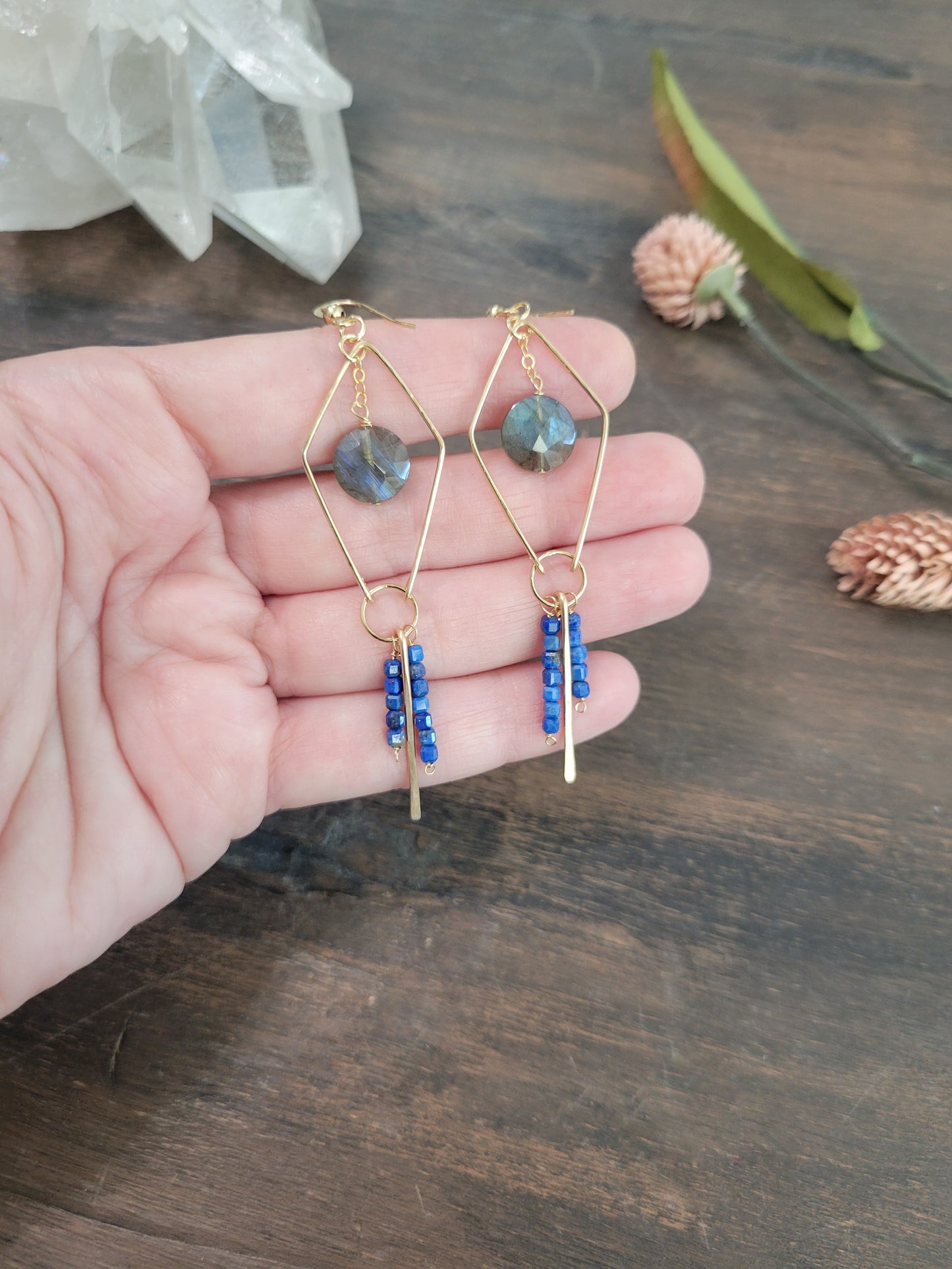 Dainty Labradorite and Lapis Fringe Earrings