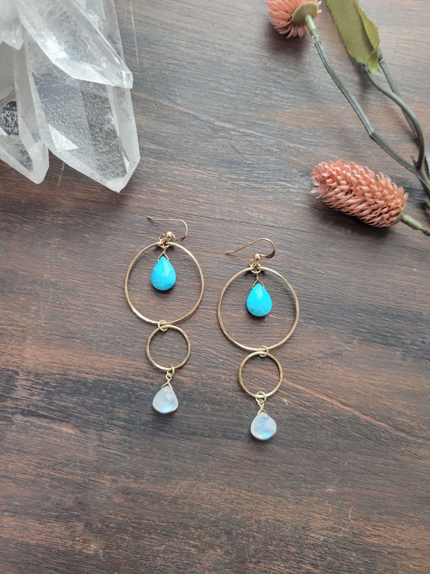 Turquoise and Moonstone Dangle Hoop Earrings