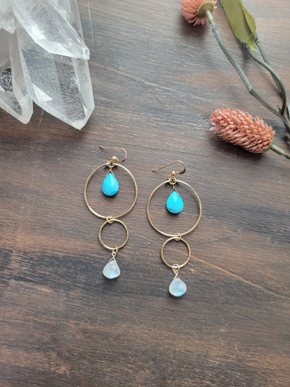 Turquoise and Moonstone Dangle Hoop Earrings