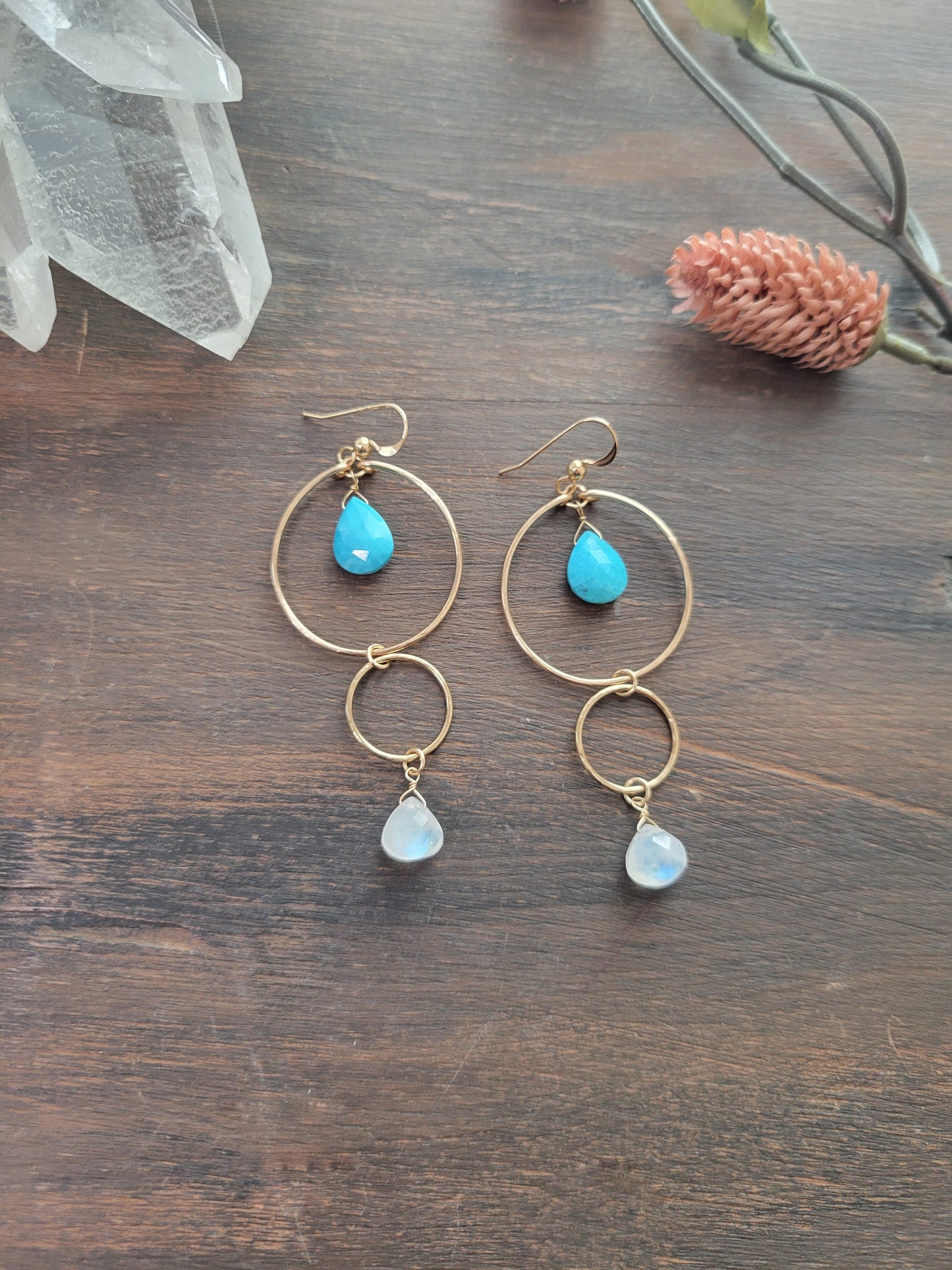 Turquoise and Moonstone Dangle Hoop Earrings