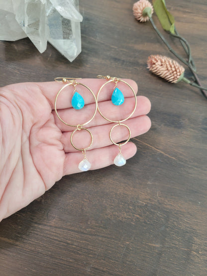 Turquoise and Moonstone Dangle Hoop Earrings