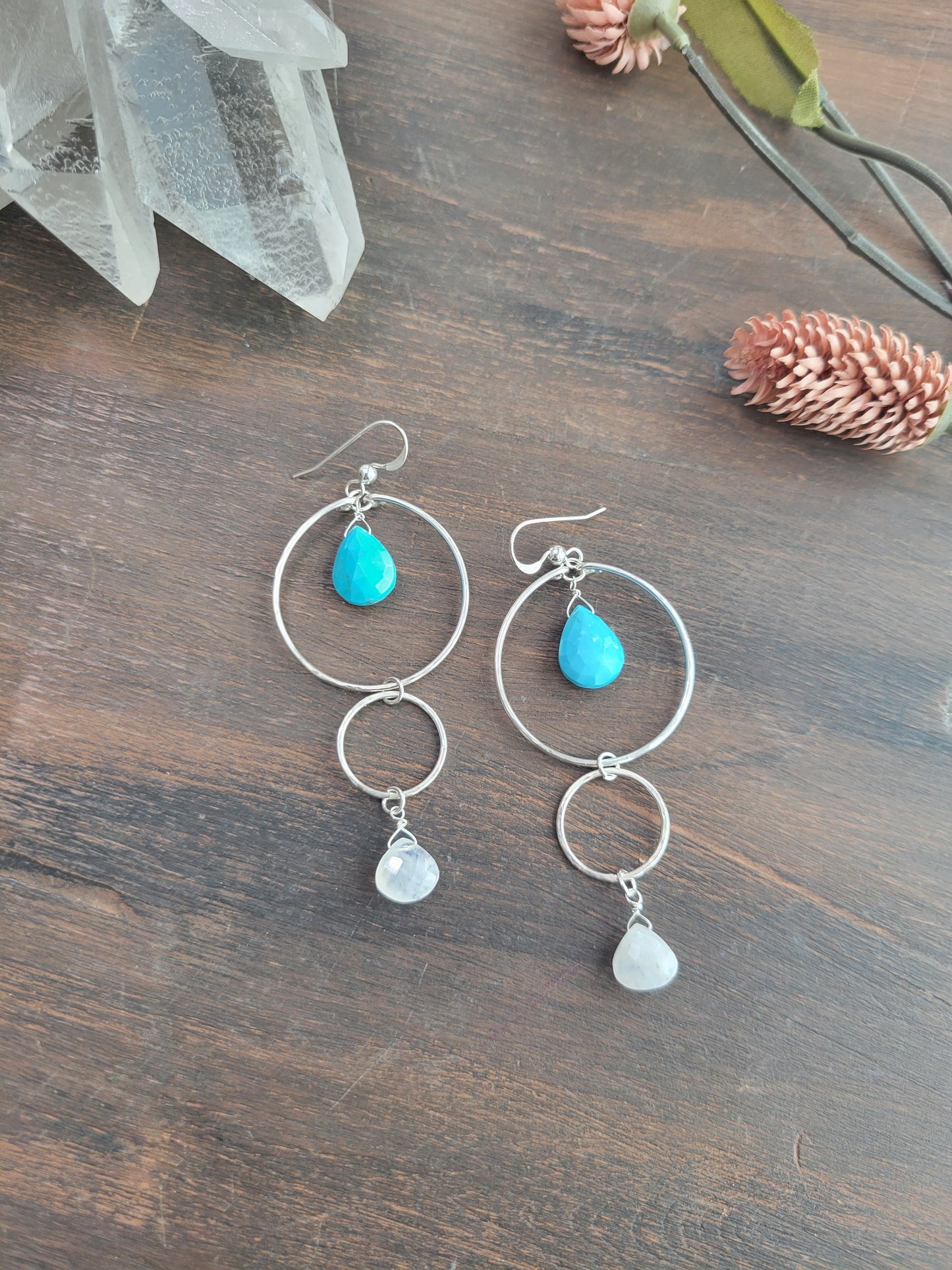 Turquoise and Moonstone Dangle Hoop Earrings