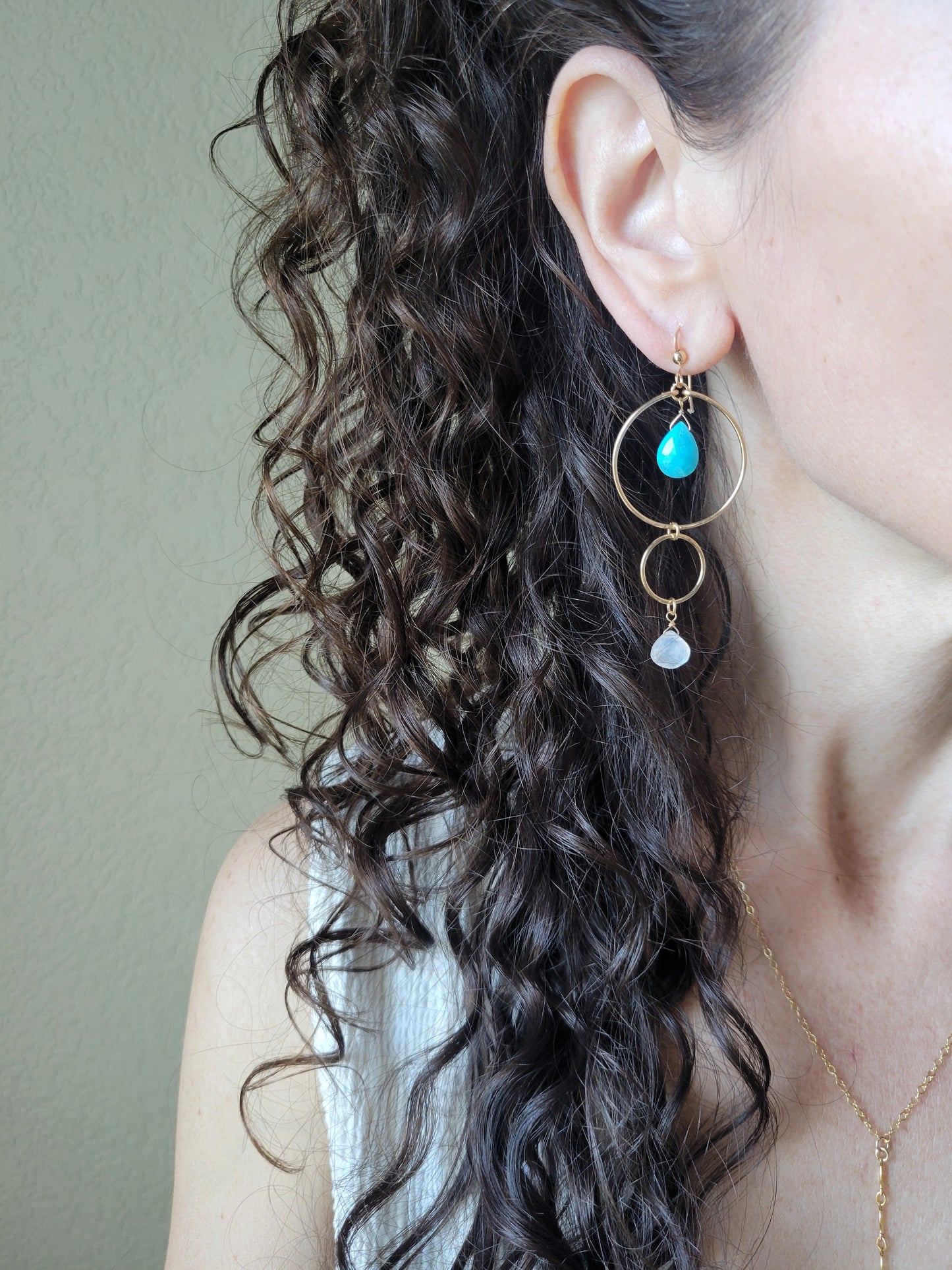 Turquoise and Moonstone Dangle Hoop Earrings