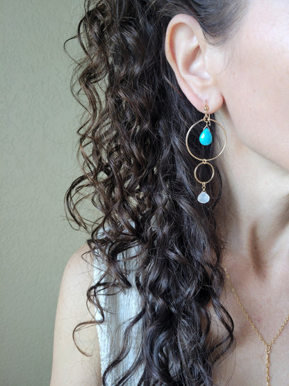 Turquoise and Moonstone Dangle Hoop Earrings