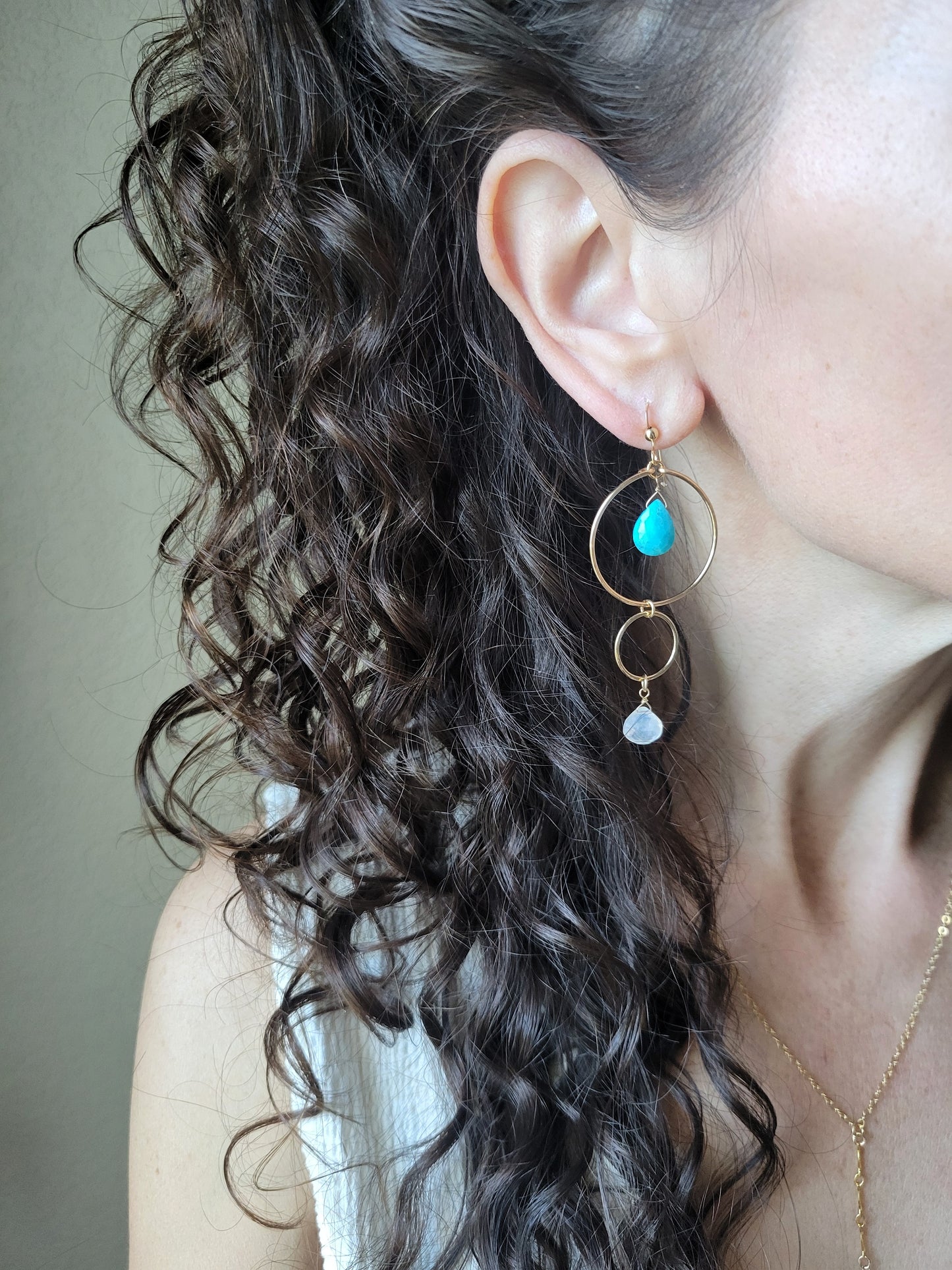 Turquoise and Moonstone Dangle Hoop Earrings