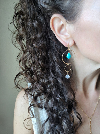 Turquoise and Moonstone Dangle Hoop Earrings