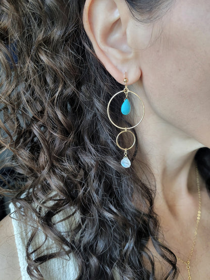 Turquoise and Moonstone Dangle Hoop Earrings