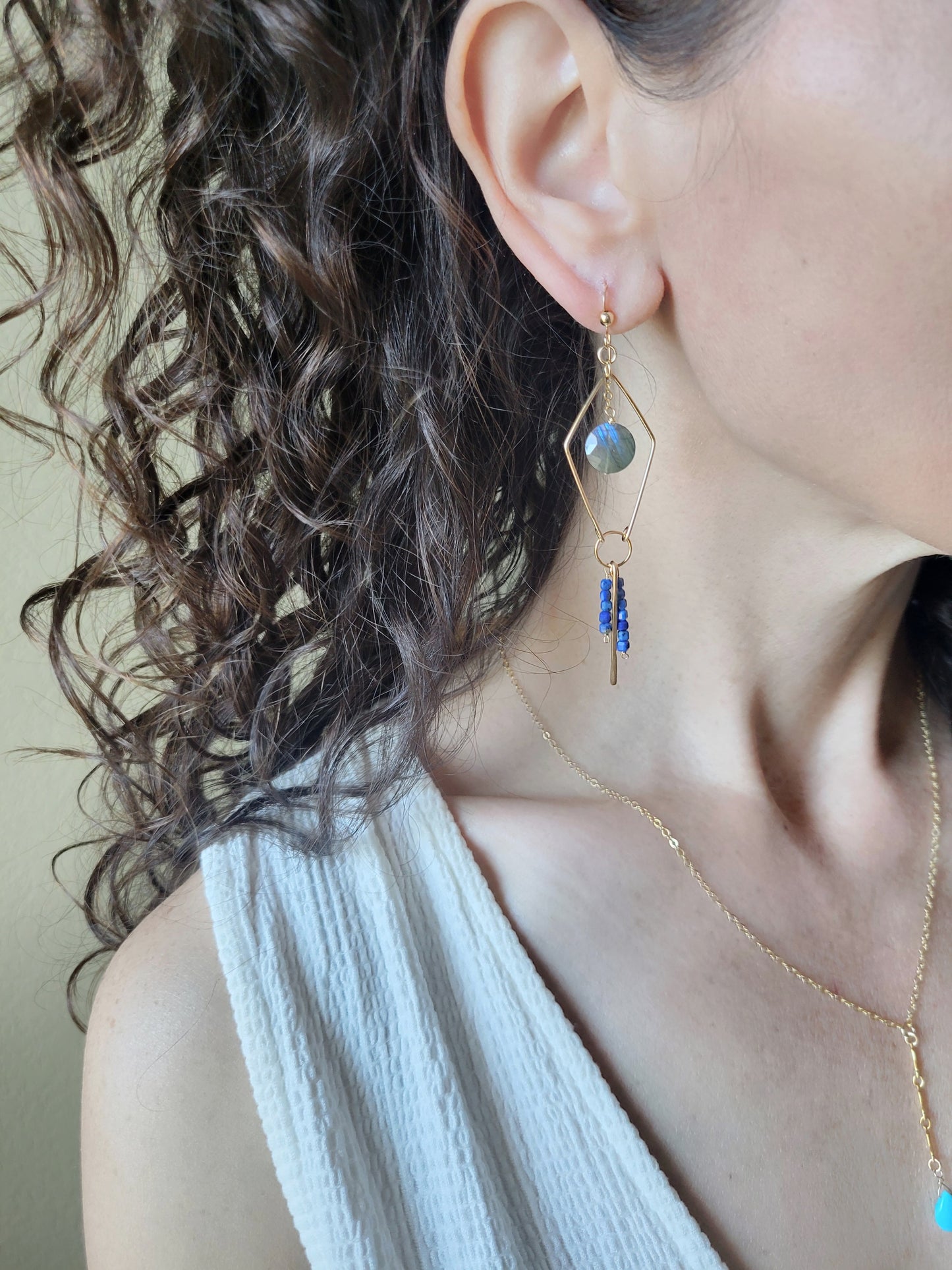 Dainty Labradorite and Lapis Fringe Earrings