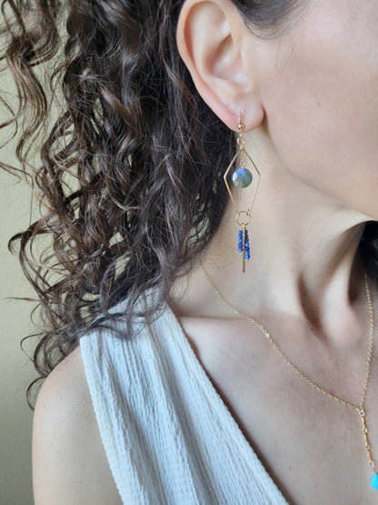 Dainty Labradorite and Lapis Fringe Earrings