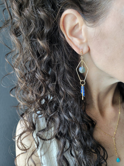 Dainty Labradorite and Lapis Fringe Earrings