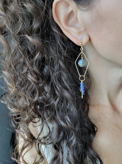 Dainty Labradorite and Lapis Fringe Earrings