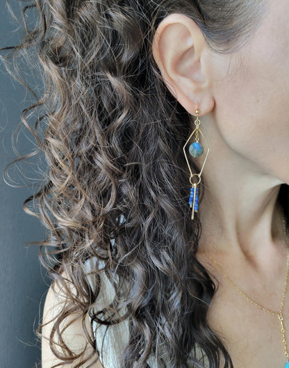 Dainty Labradorite and Lapis Fringe Earrings