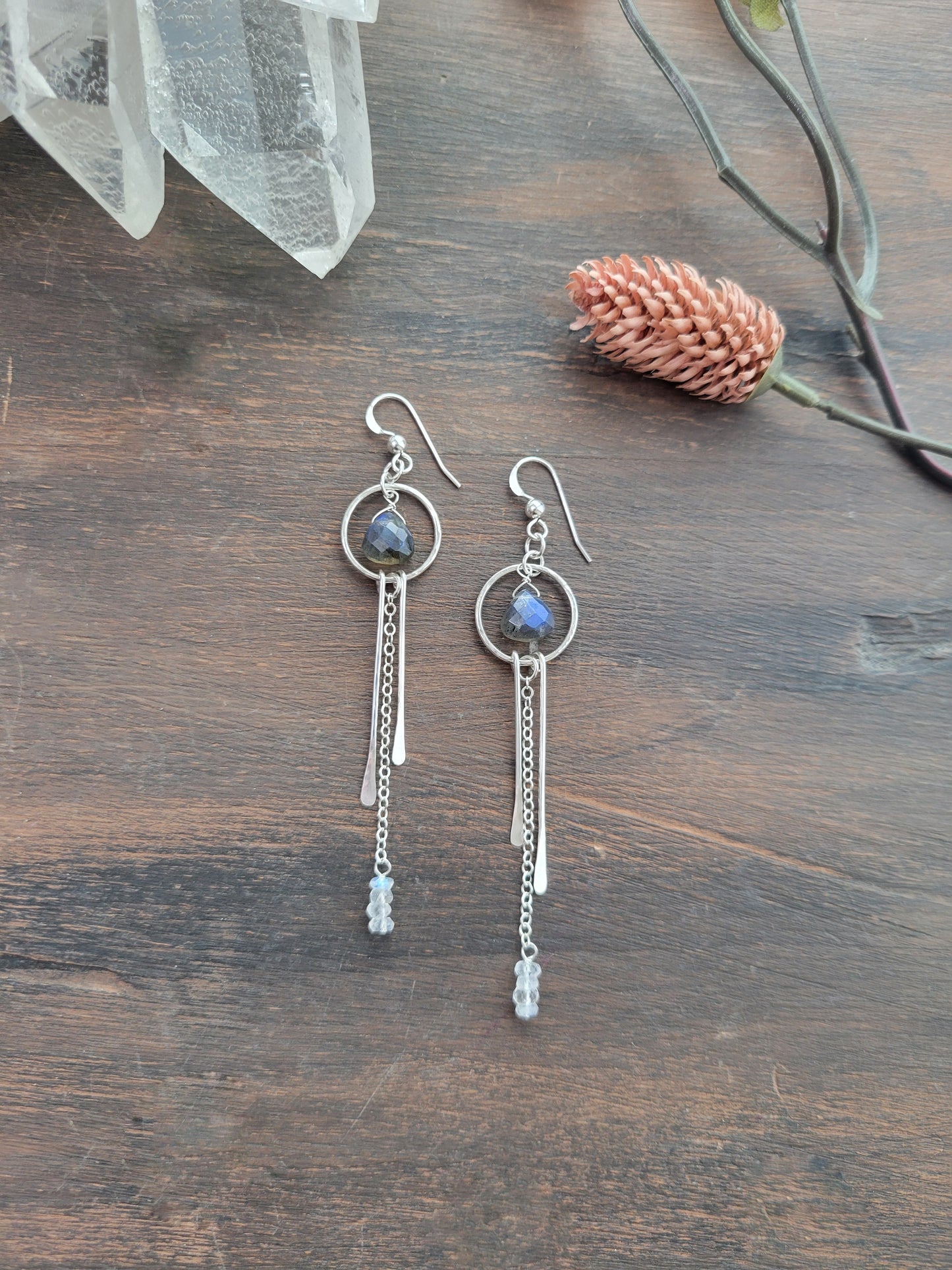 Dainty Labradorite and Moonstone Fringe Earrings
